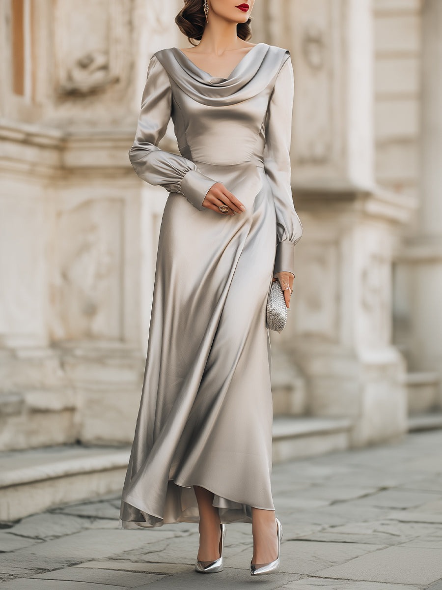 Grey Draped Cowl Neck Long Evening Gown