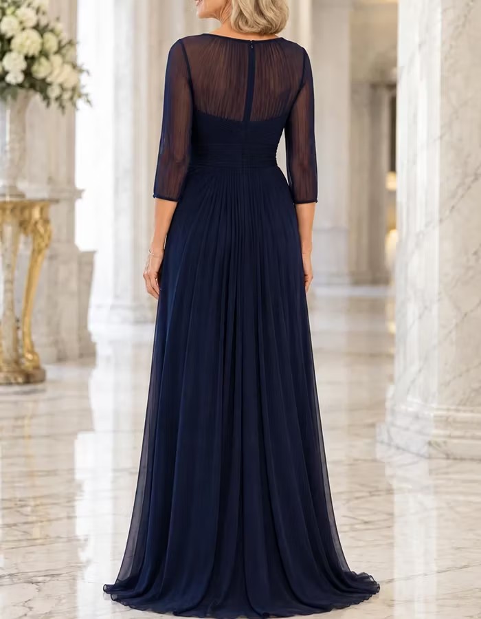 Illusion Boat Neck Pleated Chiffon Evening Gown