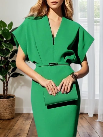 Light Blue Classic V Neck Short Sleeve Dolman Sleeve Sheath Midi Dress