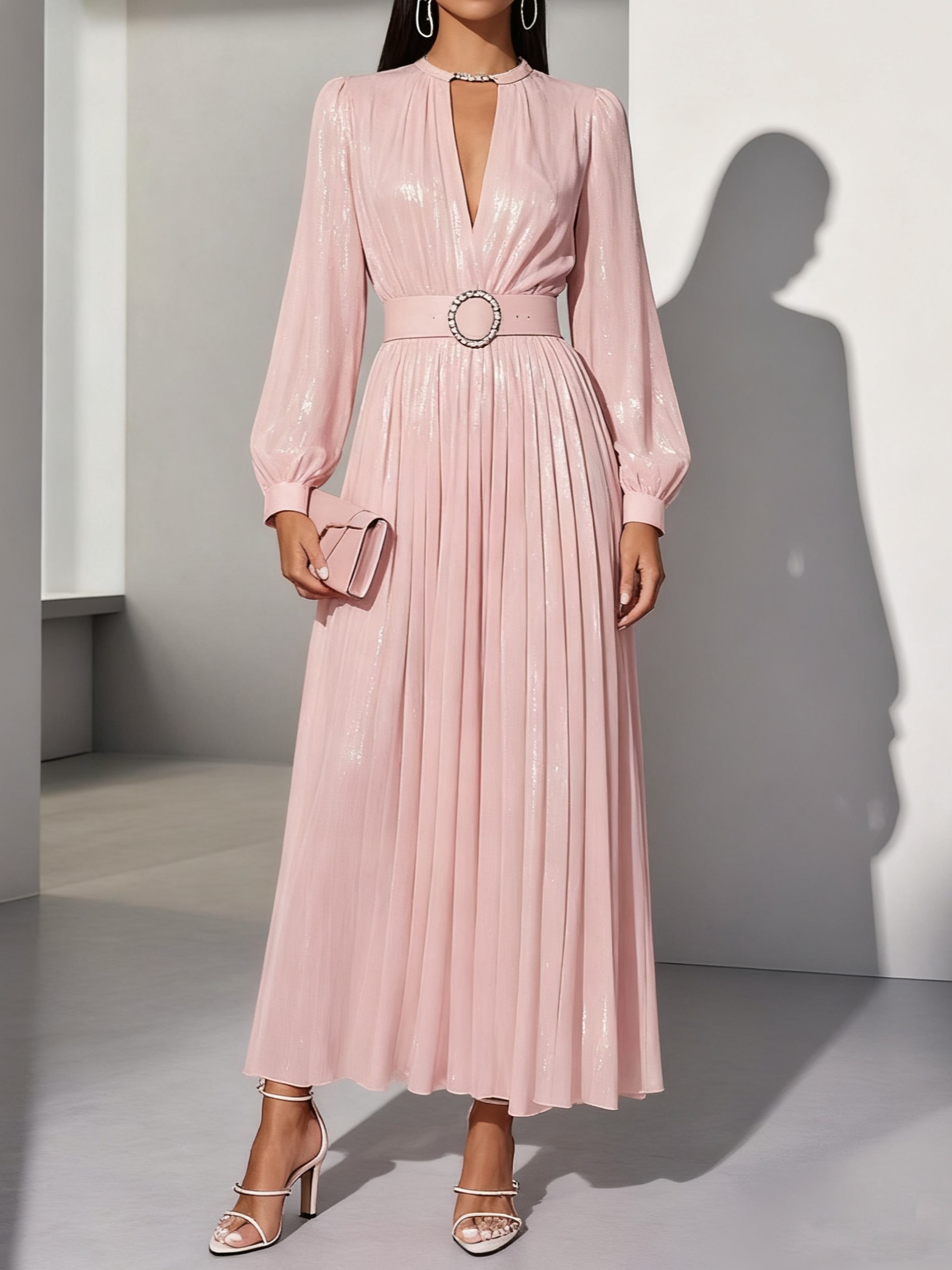 Light Pink Classic V Neck Long Sleeve Balloon Sleeve A-Line Maxi Dress