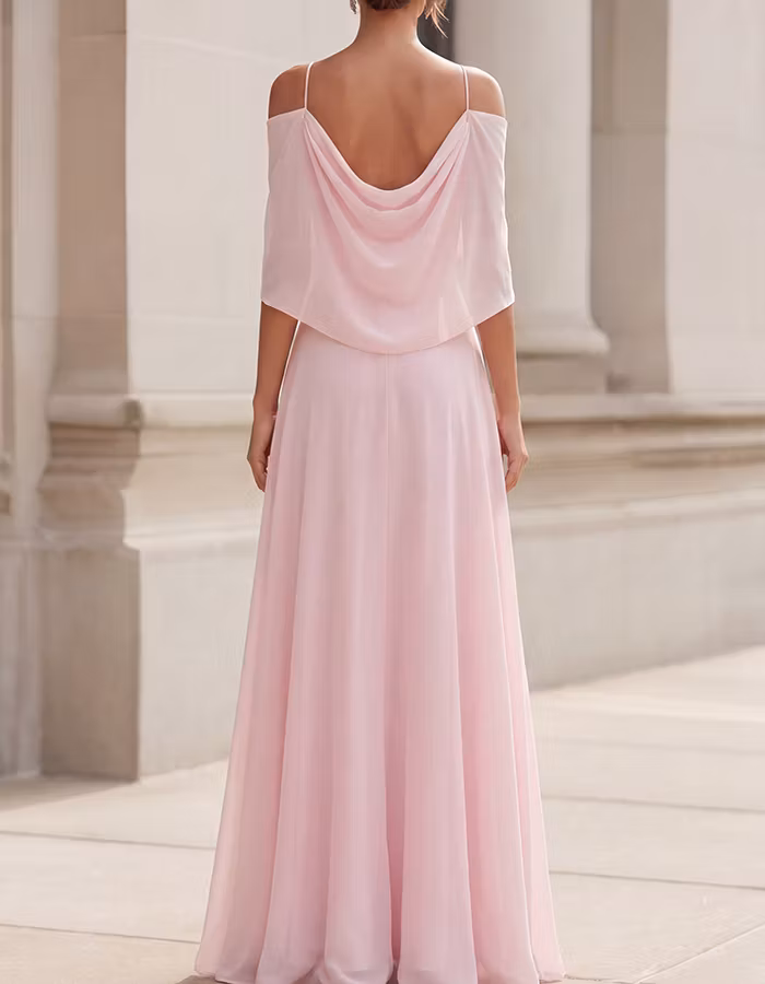 Blush Pink Off-the-Shoulder Cowl Neck Chiffon Maxi Dress