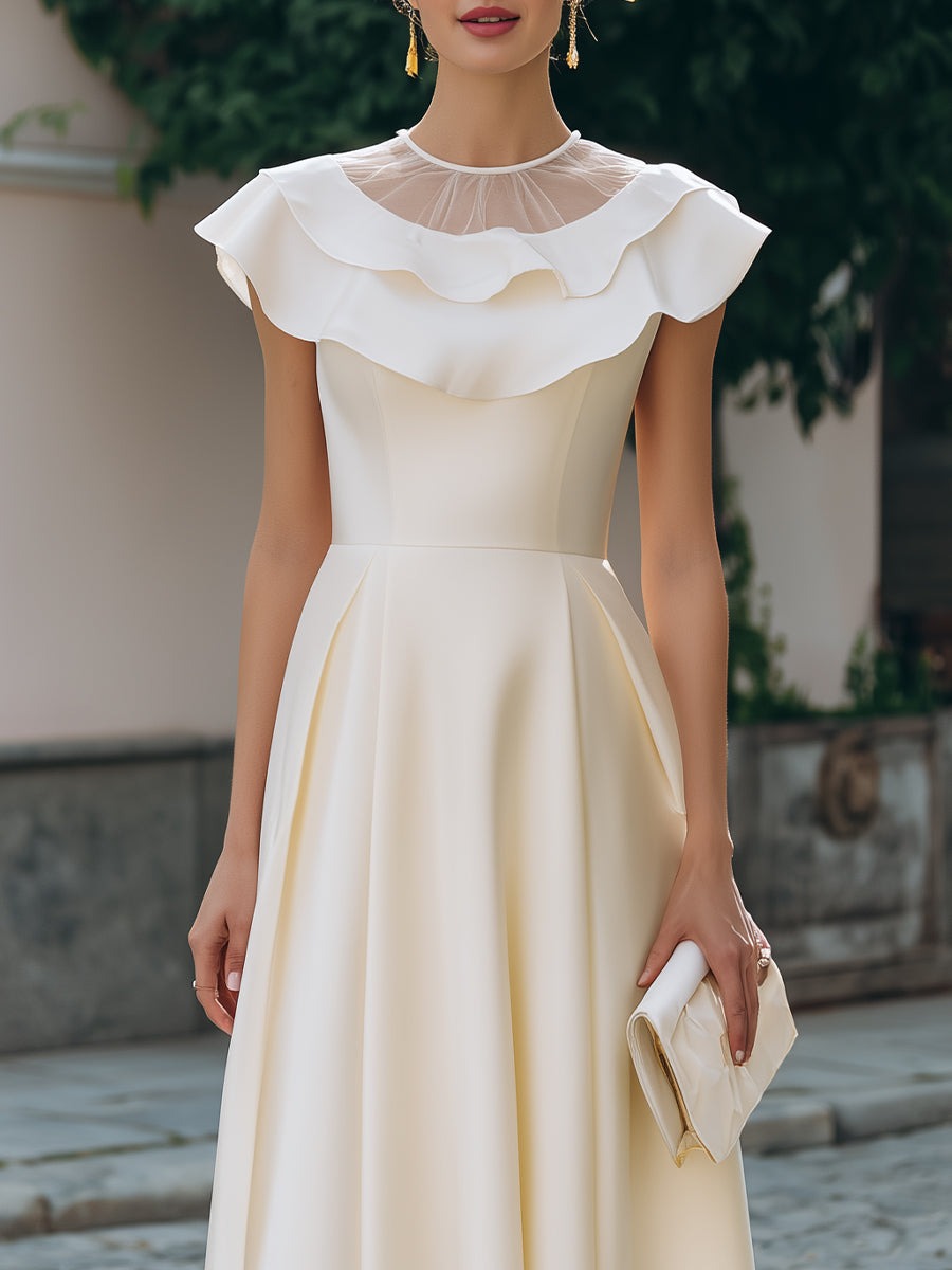 Ivory Ruffled Neckline Cap-Sleeve A-Line Midi Dress
