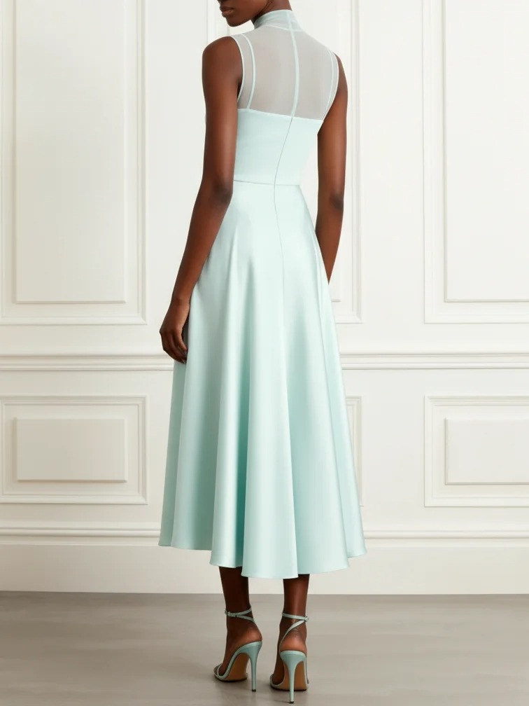 Light Green Asymmetric Classic Mock Neck Sleeveless A-Line Maxi Dress