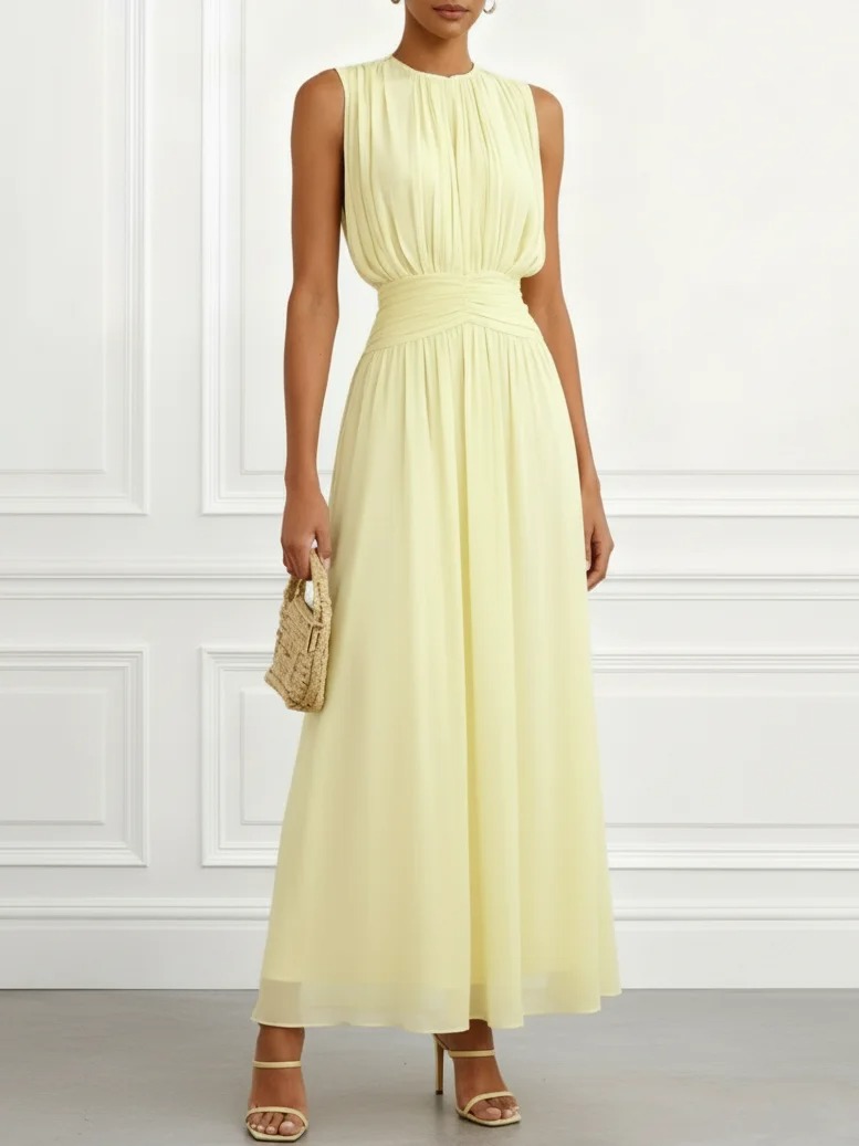 Yellow Ruched Chiffon Crew Neck Sleeveless A-Line Maxi Dress