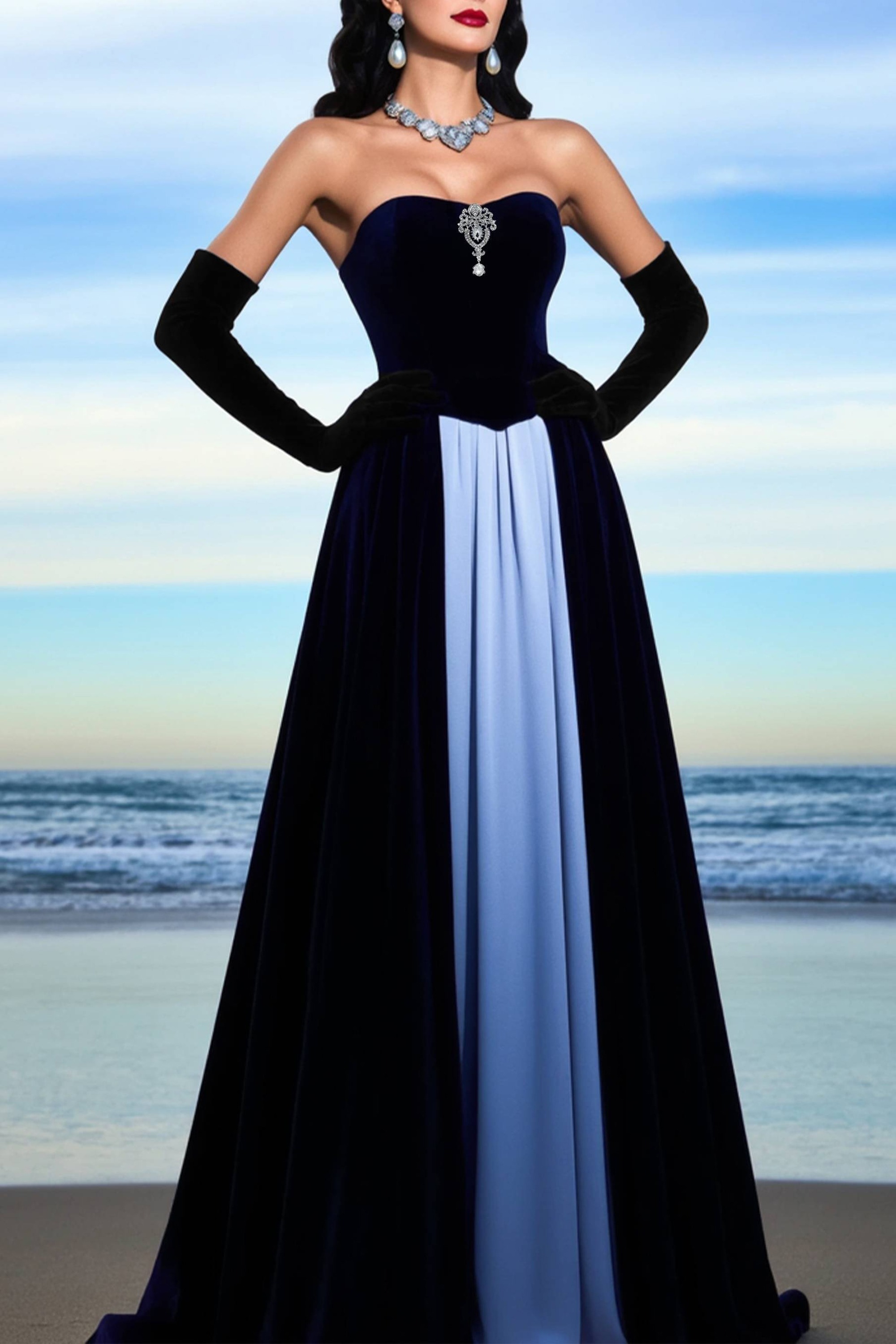 Formal ​Evening Dress Blue Strapless Colorblock Maxi Dress