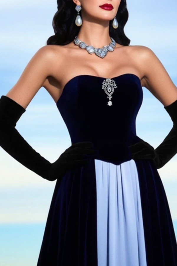 Formal ​Evening Dress Blue Strapless Colorblock Maxi Dress