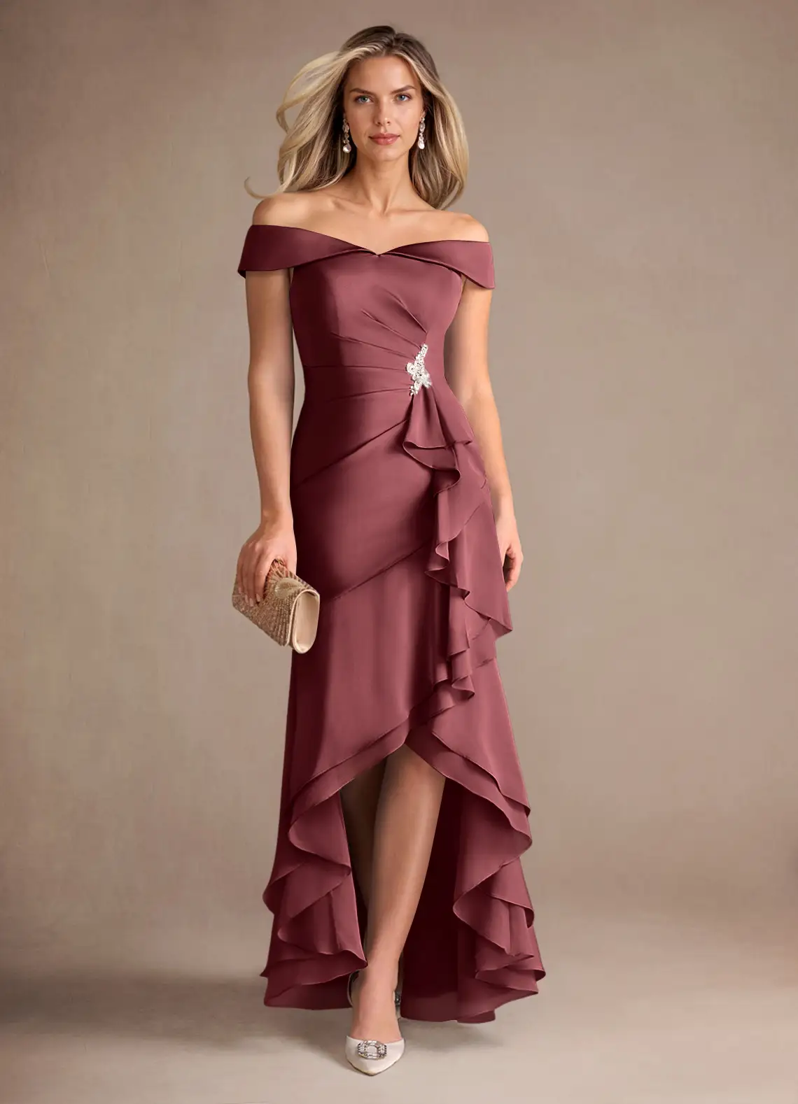Off-Shoulder Beaded Asymmetrical Mermaid Evening Gown