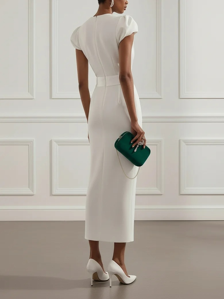 White Ruched Classic Notched Short Sleeve Puff Sleeve Sheath Midi Dress