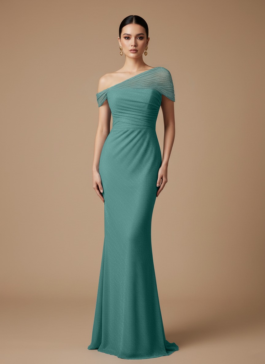 Evening Prom Light Blue Gown One Shoulder Glitter Ruched Maxi Dress