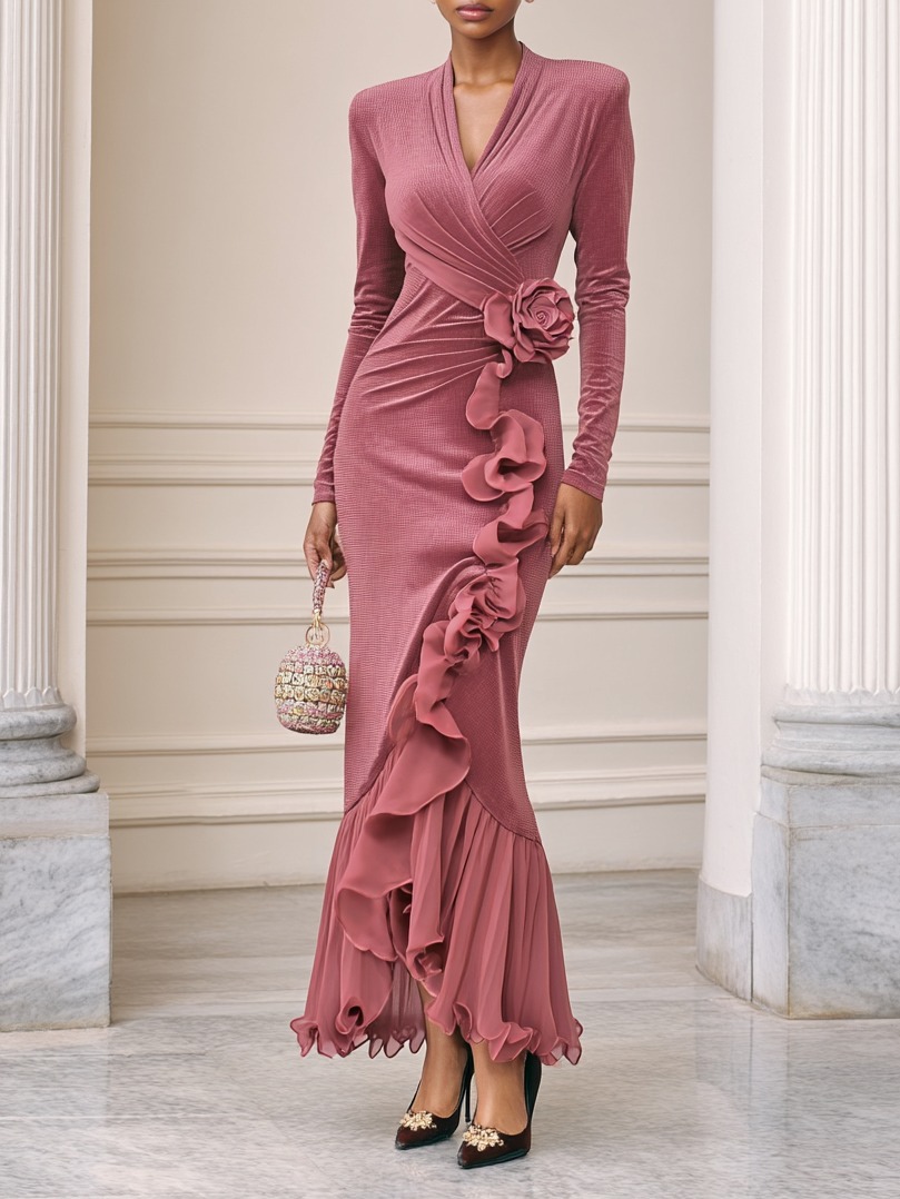 Deep Pink 3D Floral Mermaid dress V Neck Long Sleeve Mermaid Maxi Dress