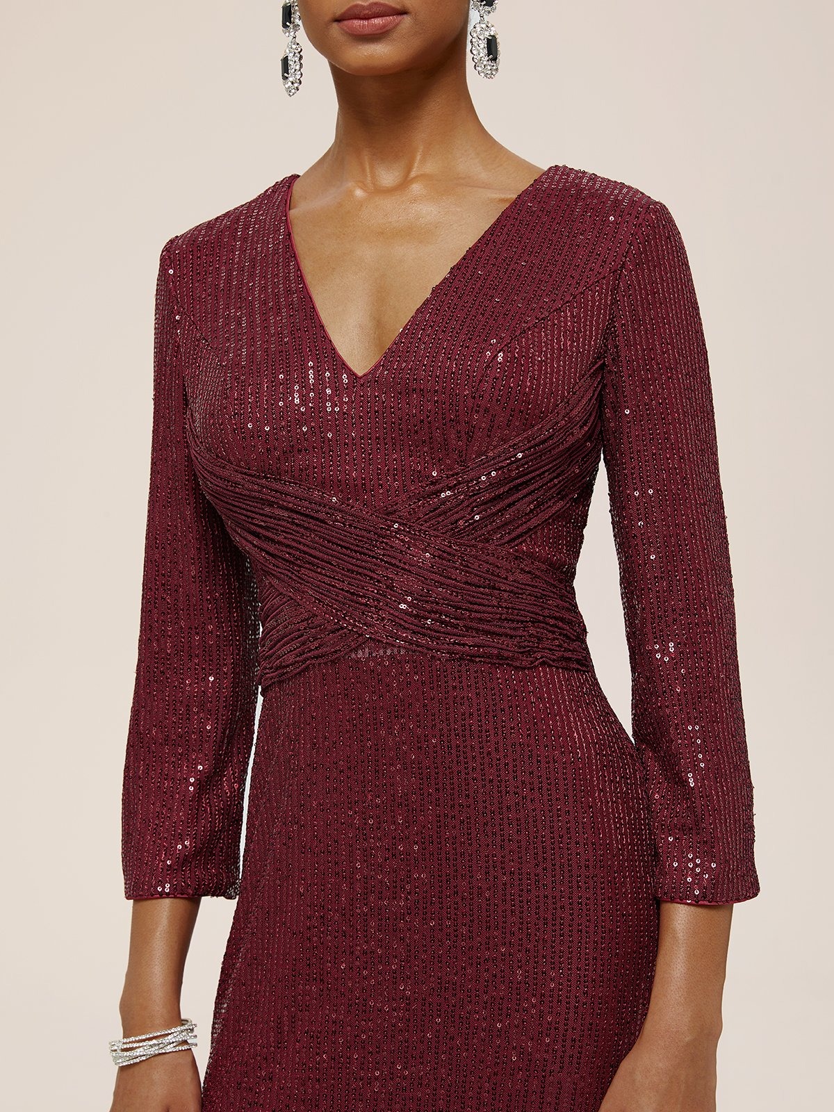 Red Ruched Sequin V Neck Three Quarter Sleeve Sheath Maxi Mother of the Bride or Groom Dress