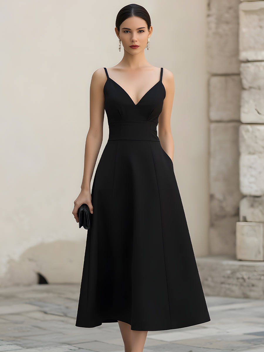 Black Spaghetti Strap V Neck Midi Dress