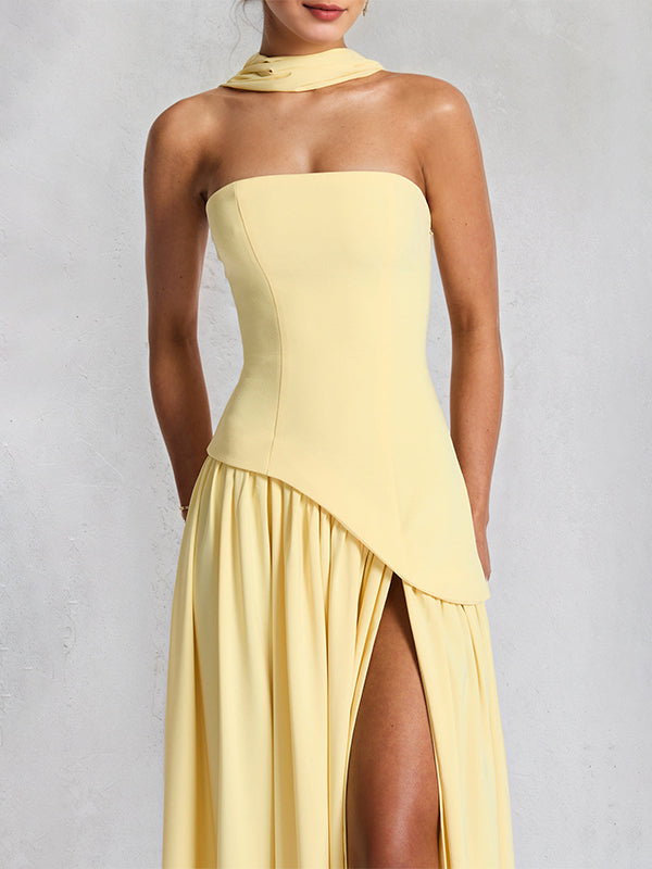 Elegant Mint Green Strapless Pleated Maxi Dress With Slit