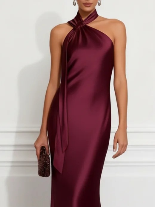 Burgundy Knot Front Satin Halter Sleeveless Sheath Gown Dress