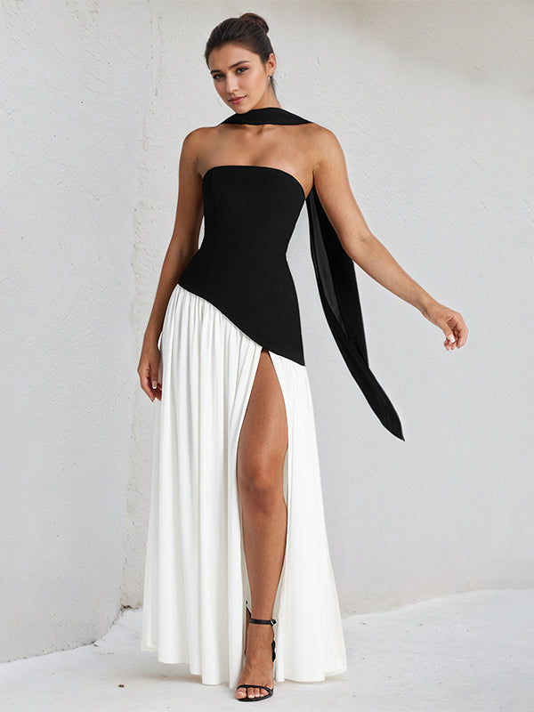 Elegant Mint Green Strapless Pleated Maxi Dress With Slit