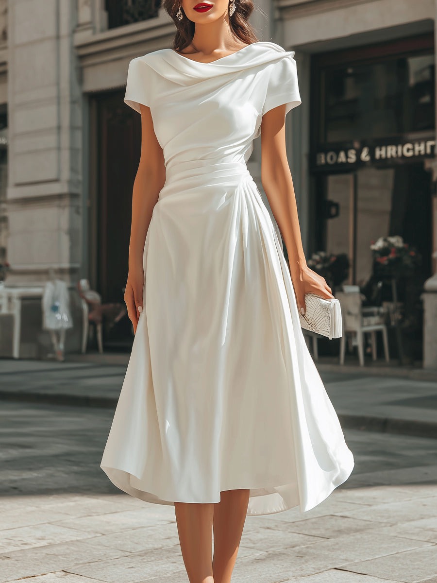White Draped Asymmetric Midi Dress