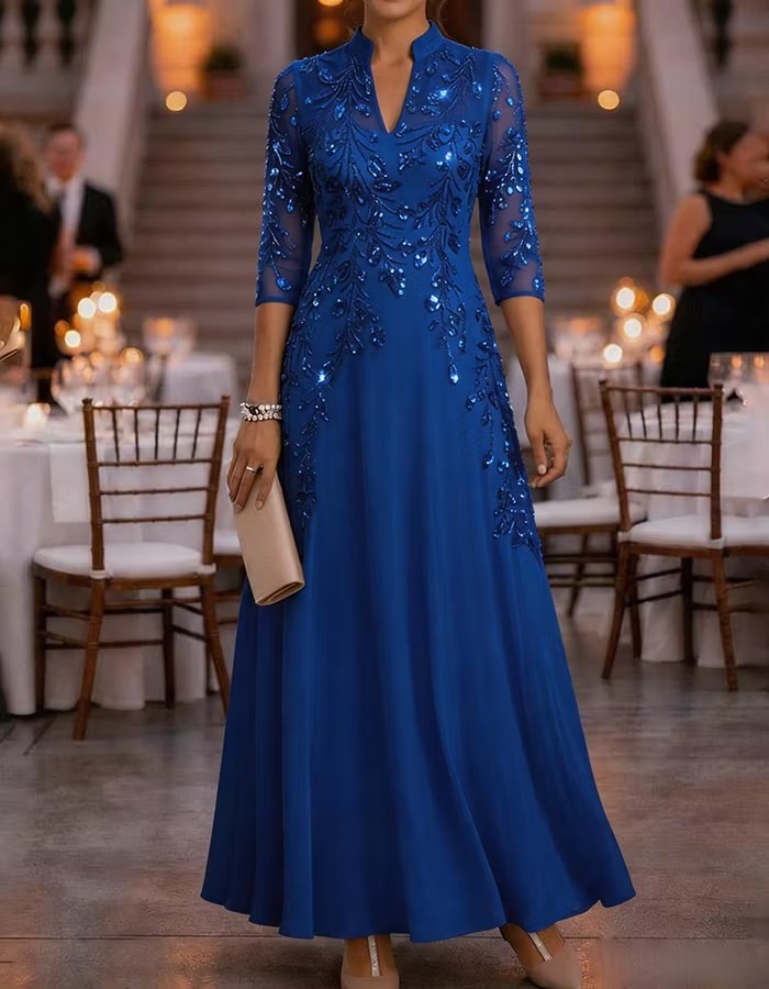 Stand Collar Half Sleeve Beaded Chiffon Evening Gown