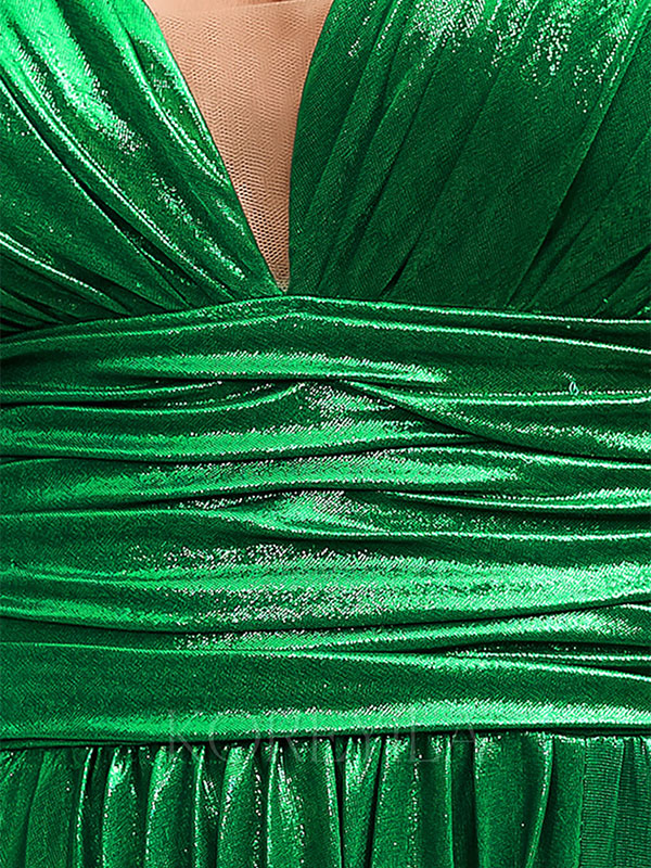 Dark Green Metallic V-Neck Pleated Corset Prom Dress with Slit