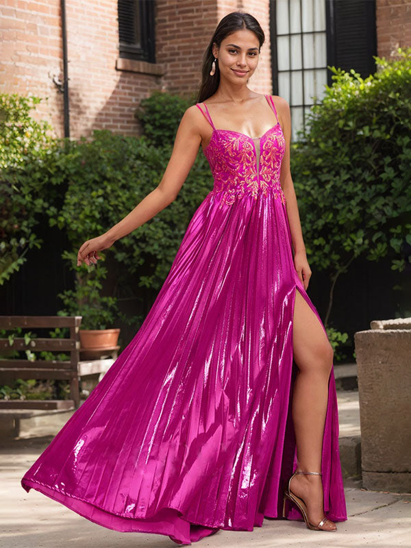 Fuchsia A Line Sweetheart Corset Pleated Prom Dress with Lace Appliques