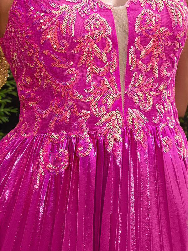 Fuchsia A Line Sweetheart Corset Pleated Prom Dress with Lace Appliques