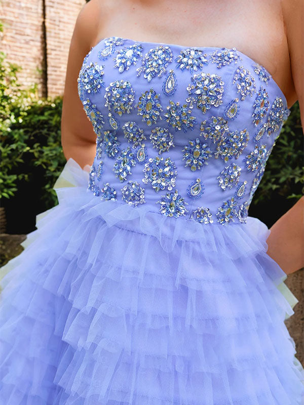 Blue A Line Tiered Ruffled Tulle Prom Dress with Beading Rhinestone