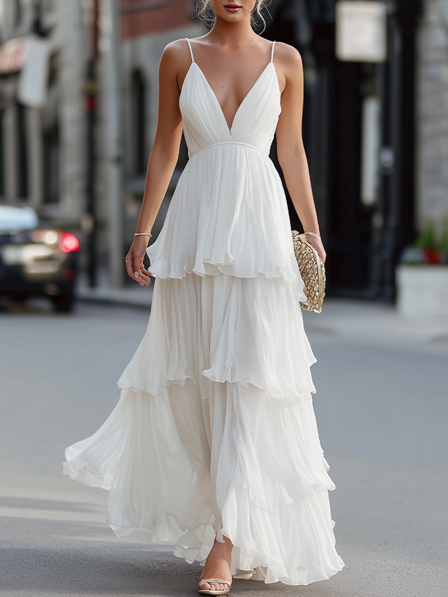 White Tiered V-Neck Spaghetti Strap Maxi Dress