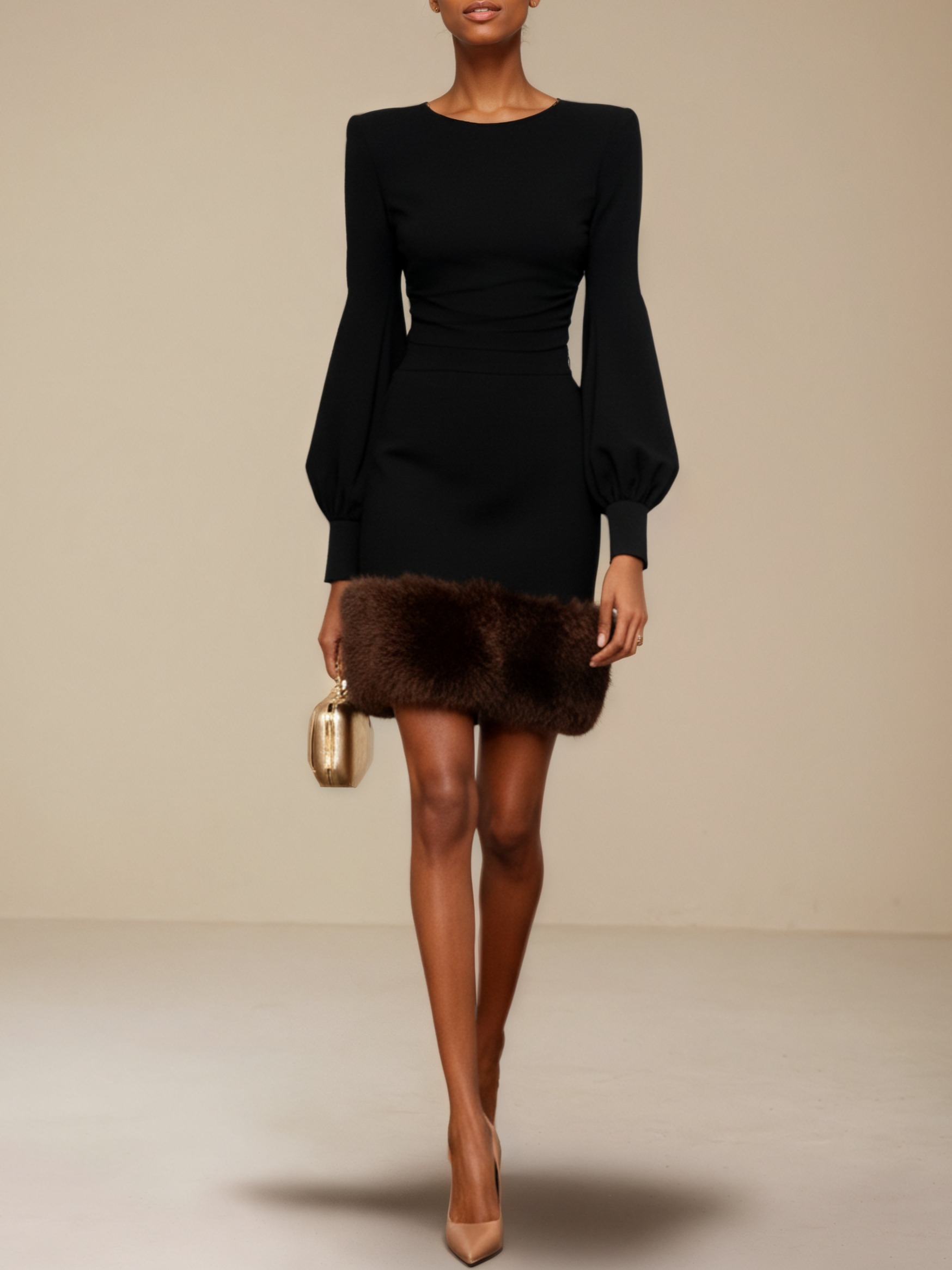 Black Fur Classic Crew Neck Long Sleeve Sheath Mini Dress