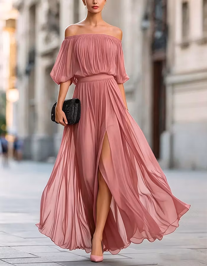 Black Off Shoulder Chiffon Slit Maxi Dress