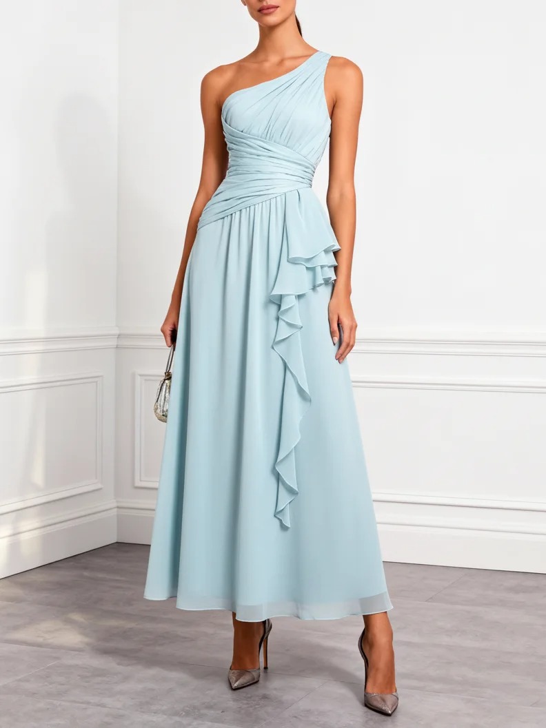 Light Blue Ruffled Ruched Chiffon One Shoulder Sleeveless A-Line Maxi Dress