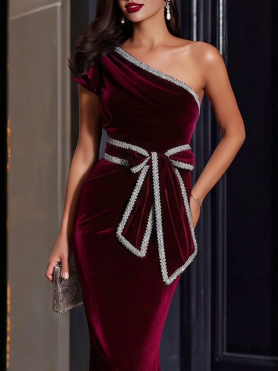 Burgundy One-Shoulder Velvet Evening Dress With Silver Trim