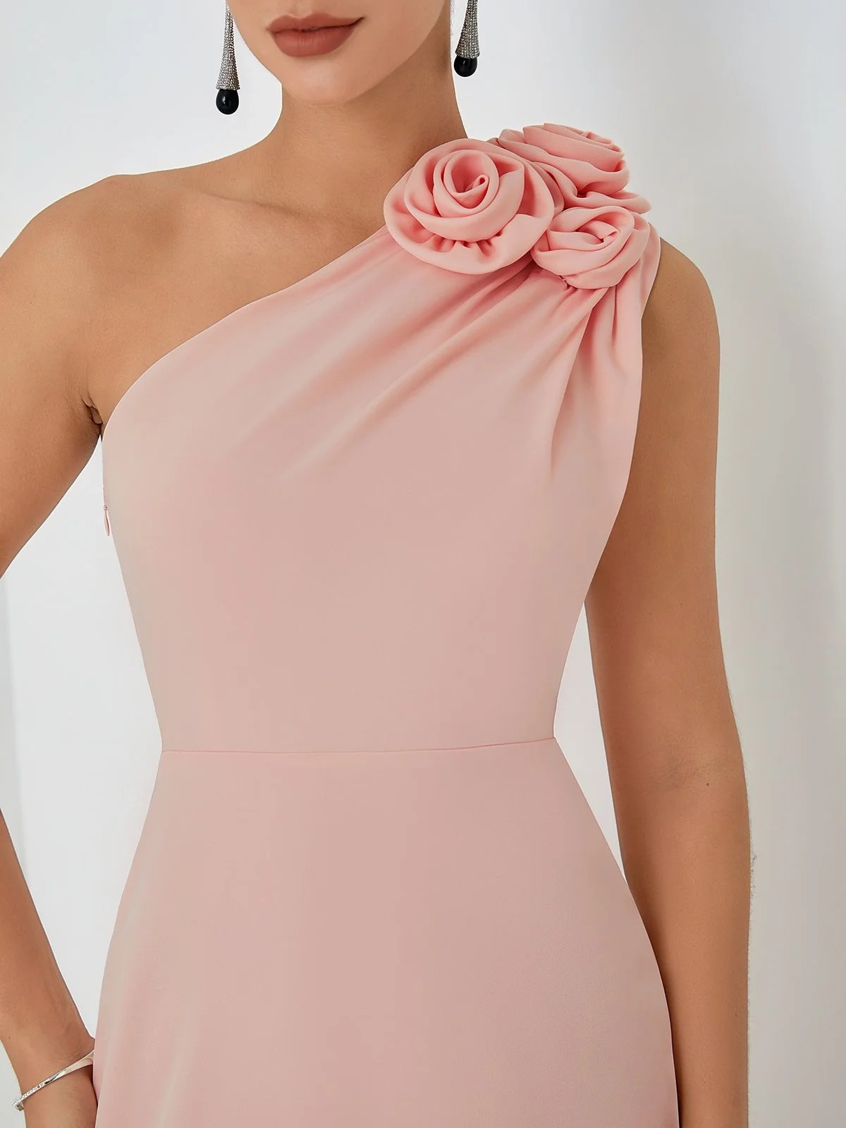 Pink 3D Floral Lace Classic One Shoulder Sleeveless Mermaid Gown Dress