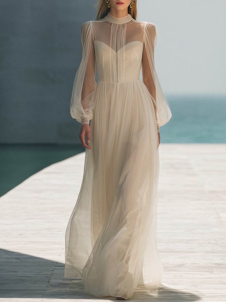 Elegant Round Neck Lantern Sleeve Maxi Dress