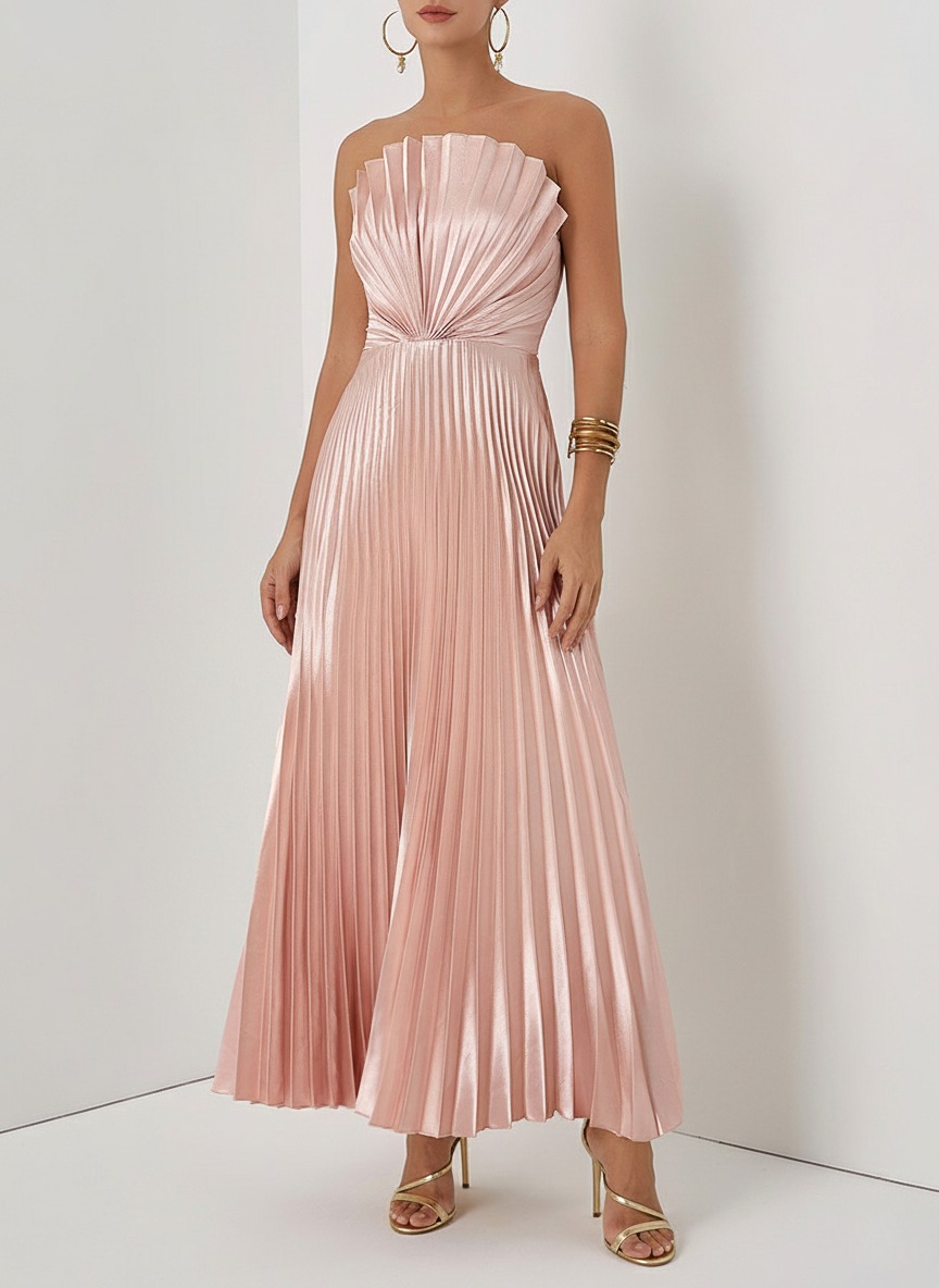 Rose Gold Pleated Satin Strapless Sleeveless A-Line Midi Dress