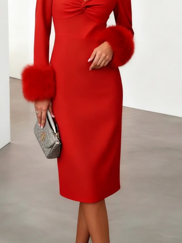Red Fur Knot Classic Sweetheart Neckline feather trimmed dres Long Sleeve Sheath Midi Dress