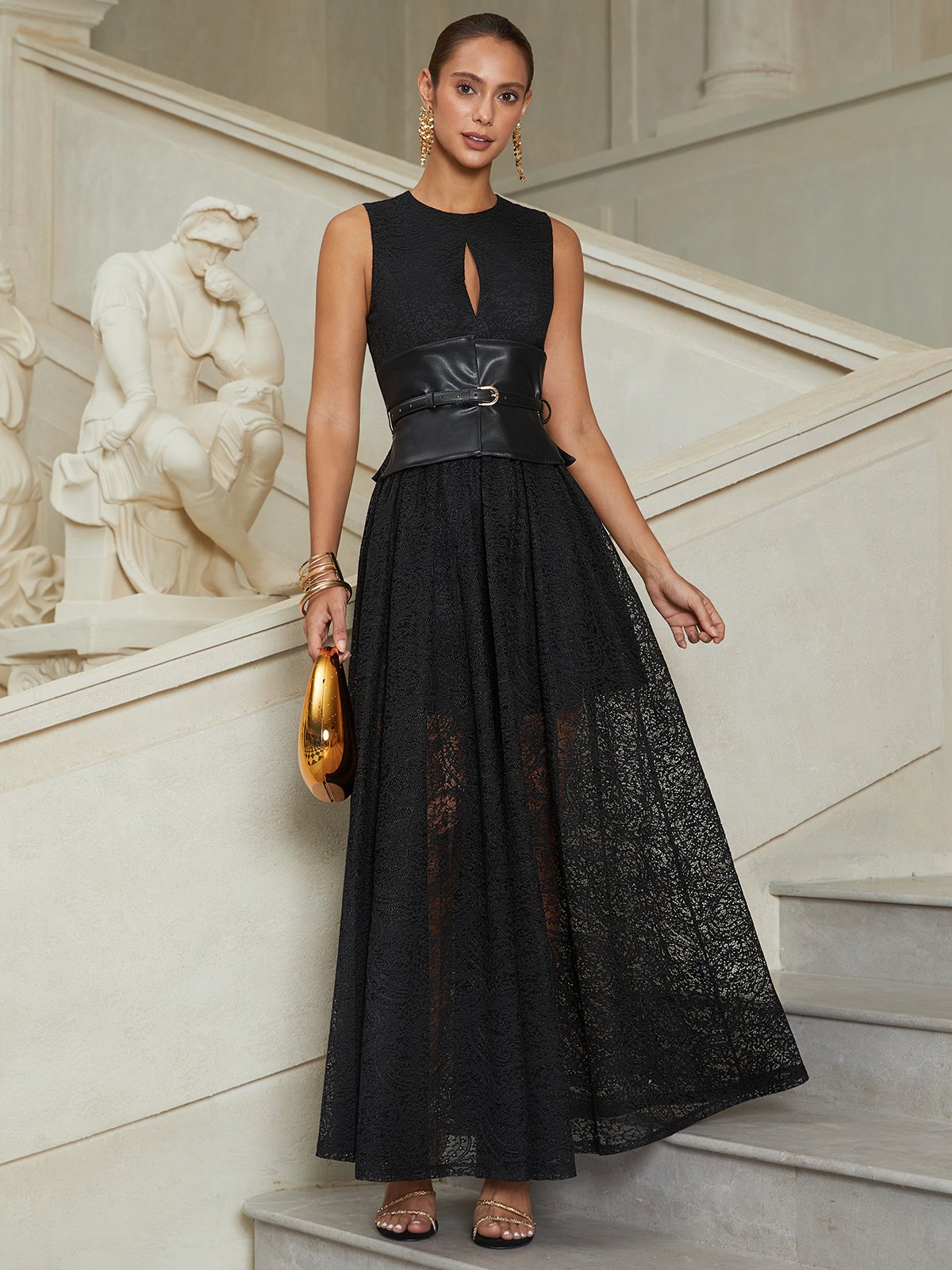 Black Lace Hollow Out Lace Crew Neck Sleeveless A-Line Maxi Dress