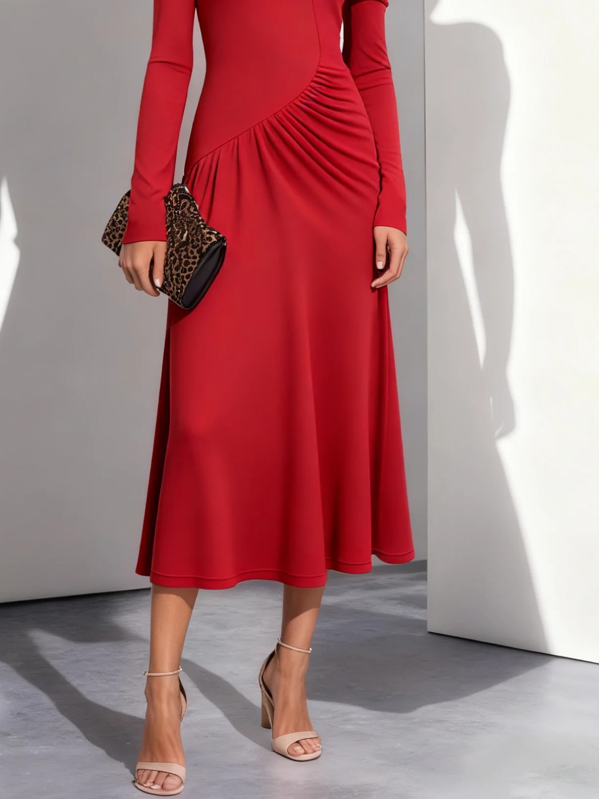 Red Ruched Knit Asymmetrical Long Sleeve A-Line Midi Dress