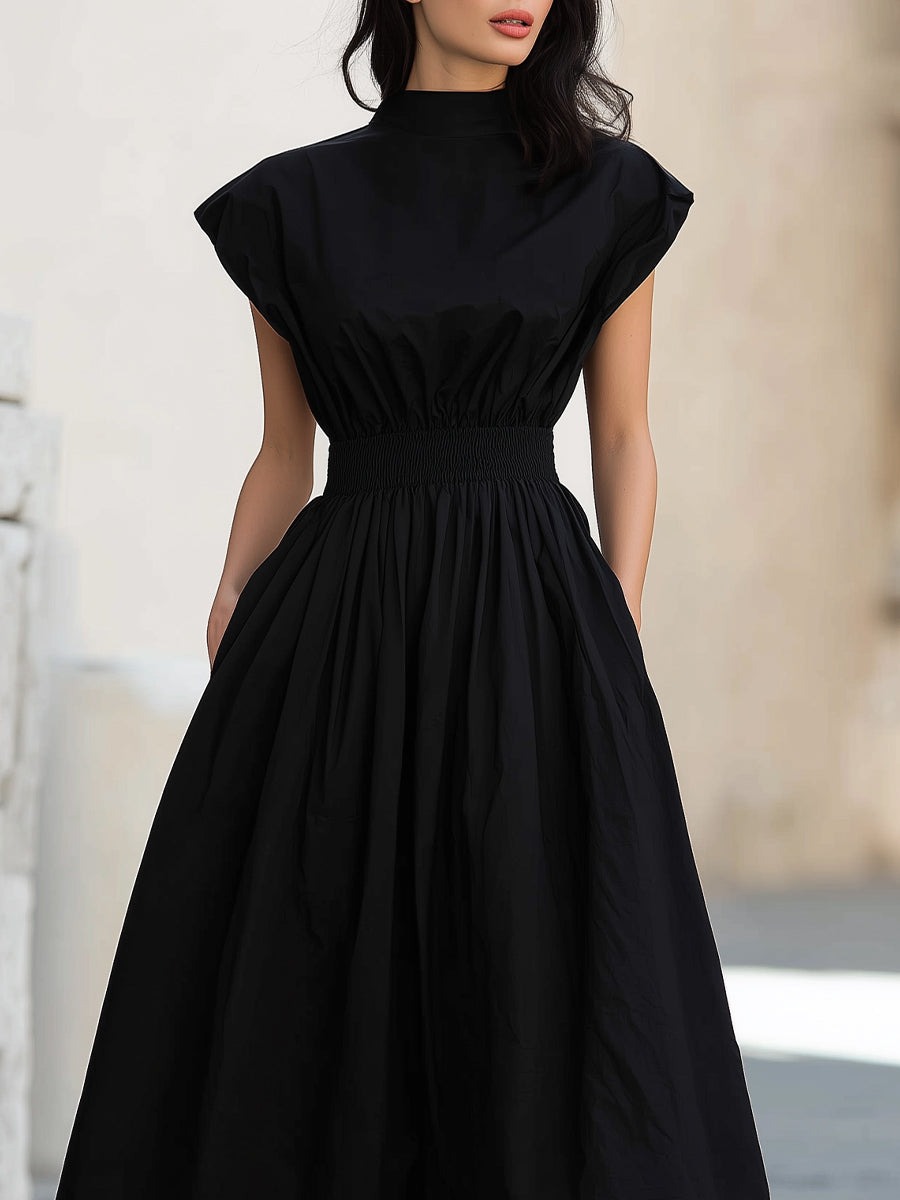 Black High Neck Smocked Waist Midi Dress