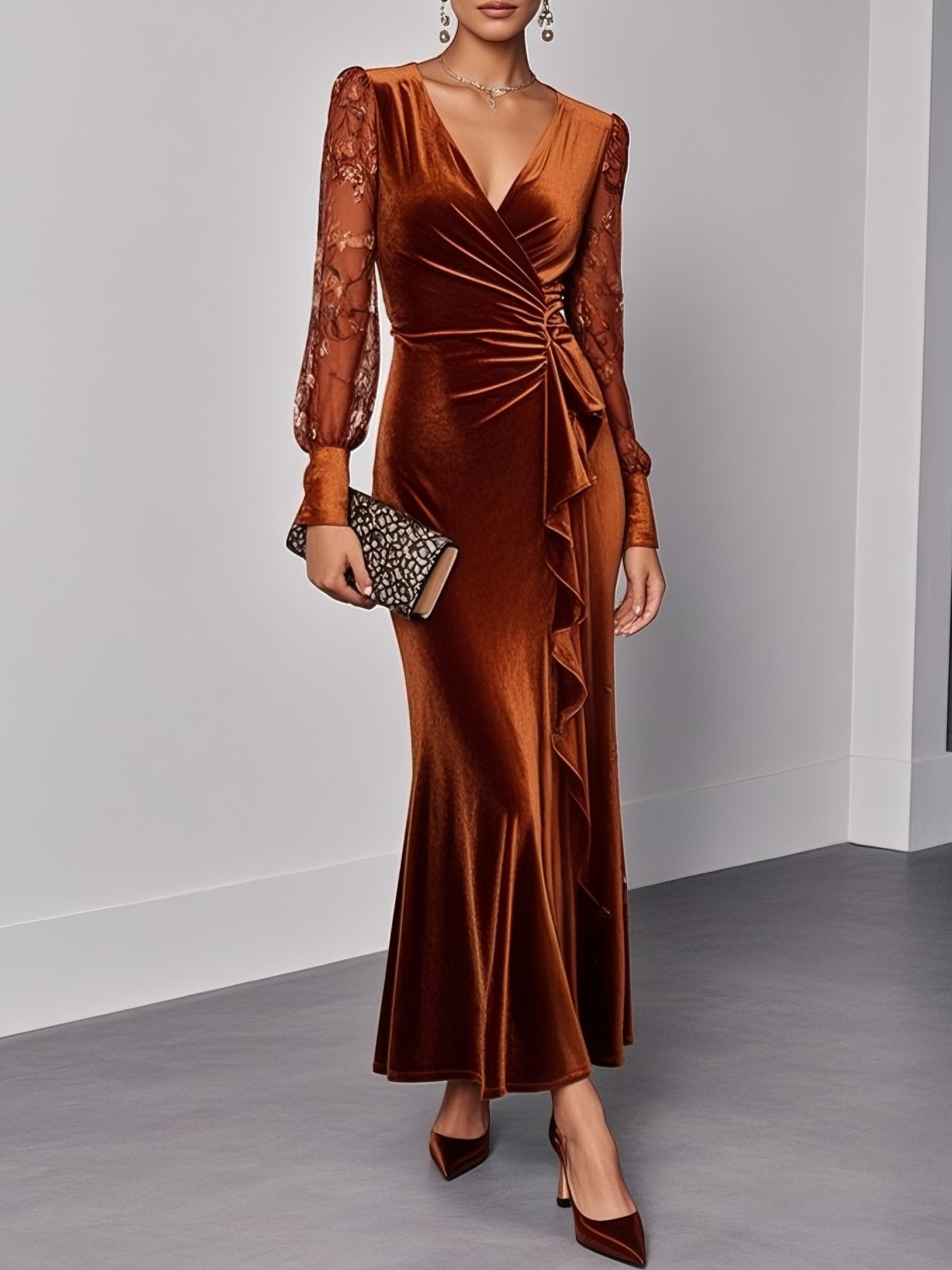 Caramel Lace Ruffled Velvet V Neck Long Sleeve Balloon Sleeve Sheath Maxi Dress