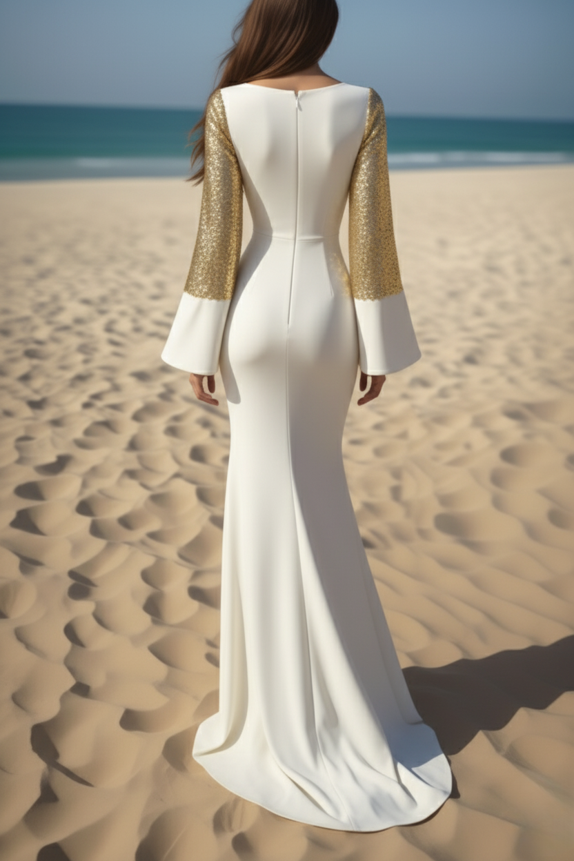 Evening Formal Dress​​ Gold Deep V Sequin Maxi Dress