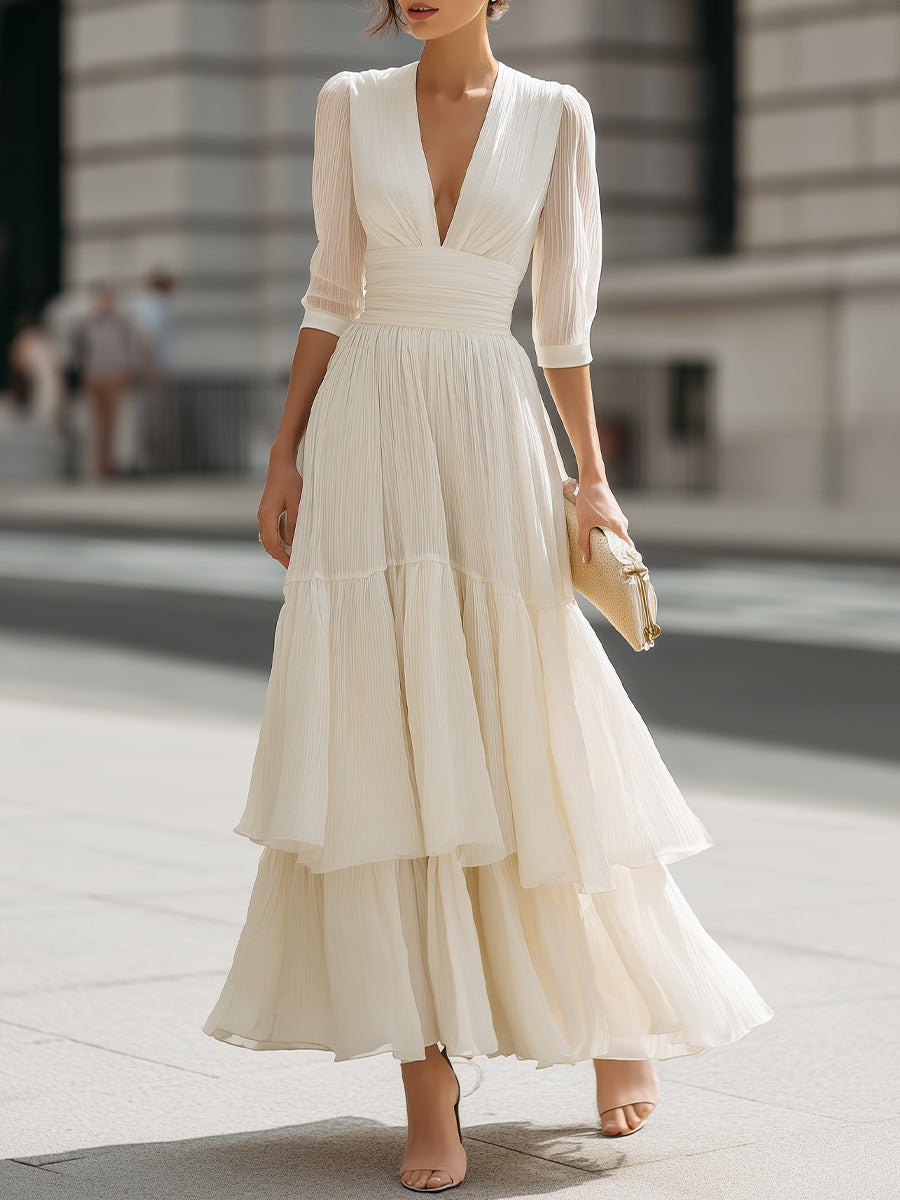 Ivory V-Neck Pleated Tiered Maxi Dress
