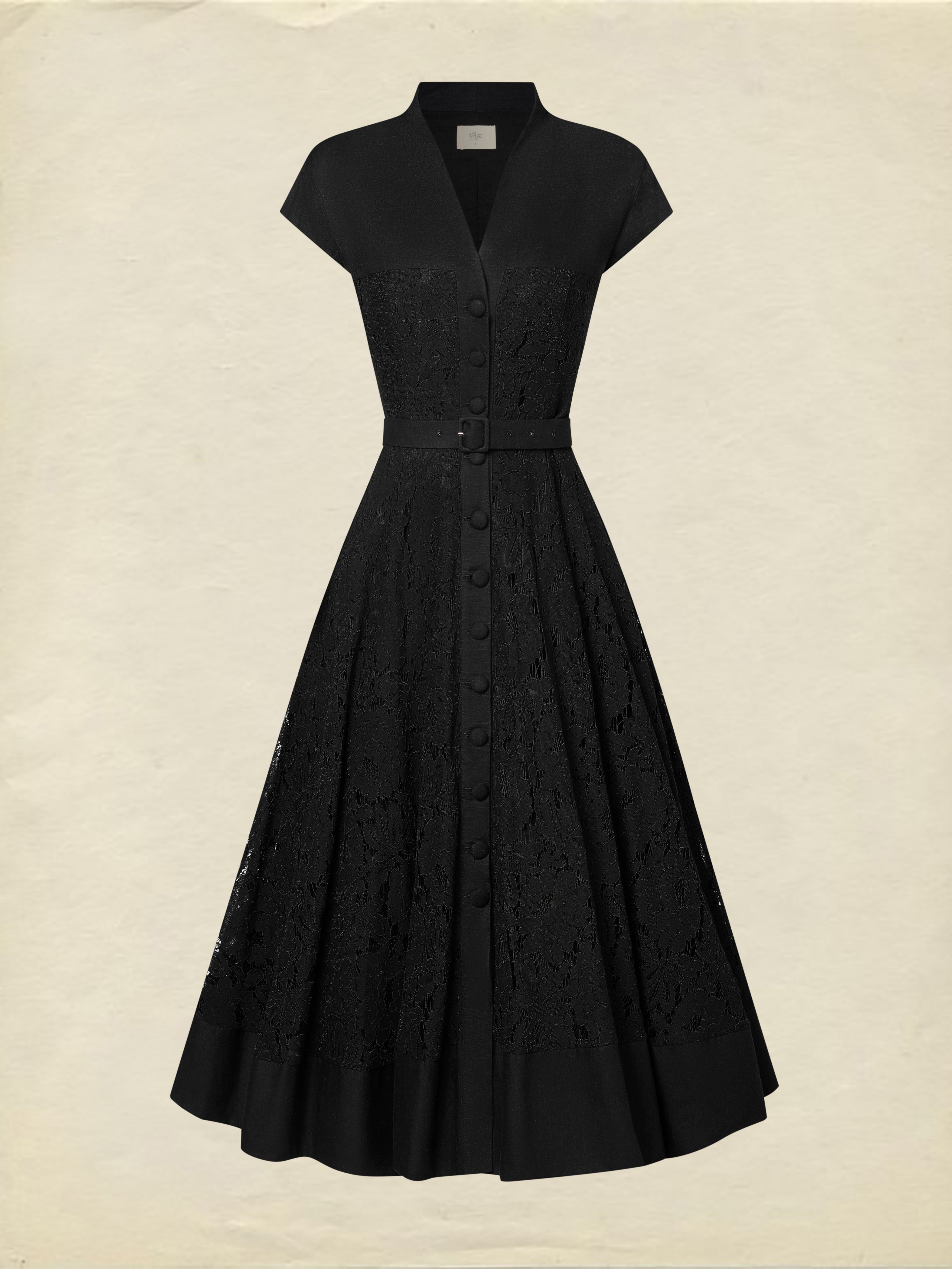Lace Trim Linen Midi Dress with Buttons Black
