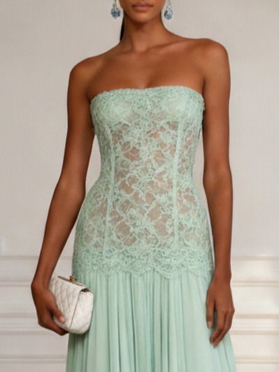 Light Green Lace Chiffon Strapless Sleeveless A-Line Maxi Dress