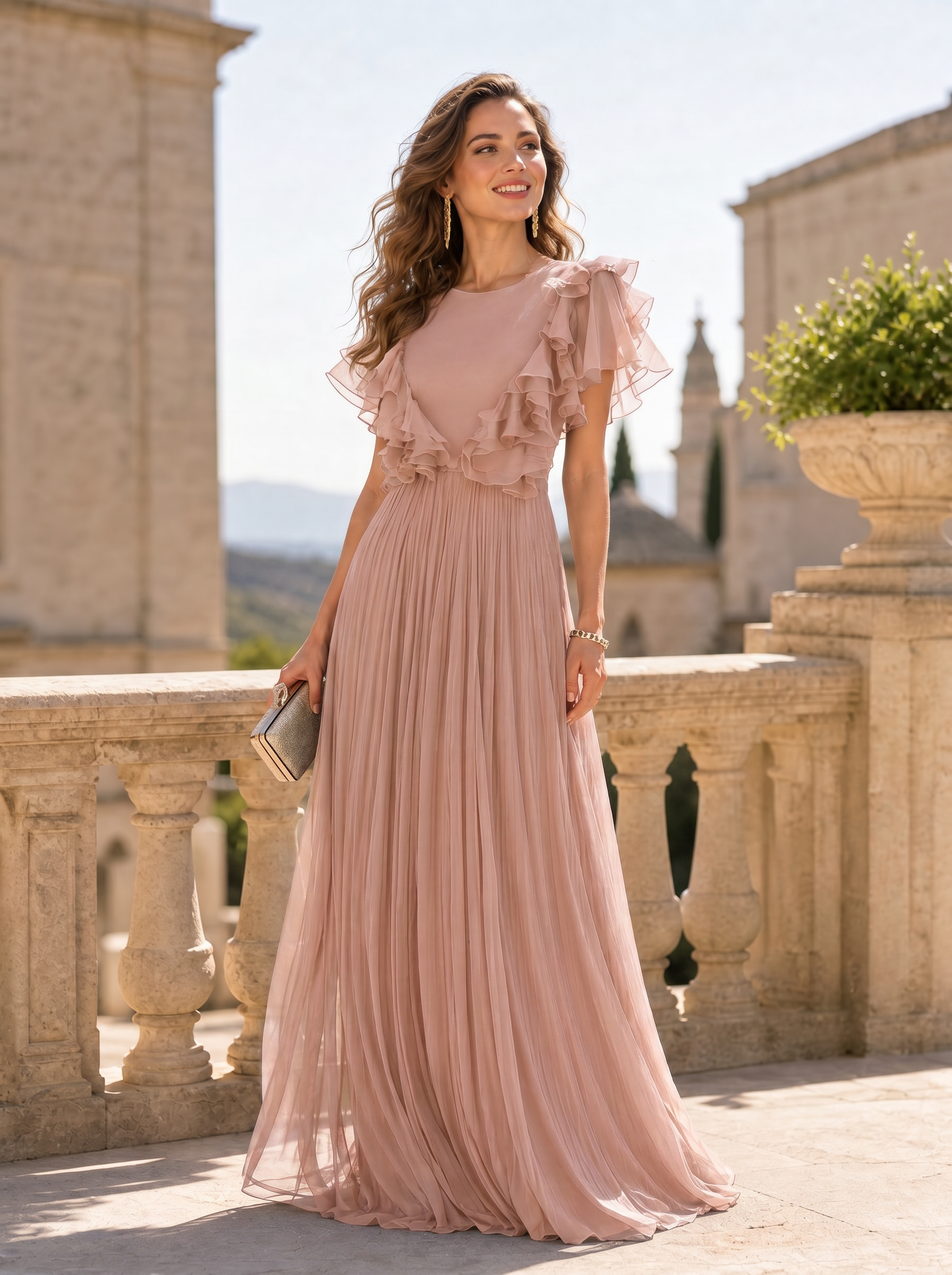 Ruffled Flutter-Sleeve Pleated Chiffon Evening Gown