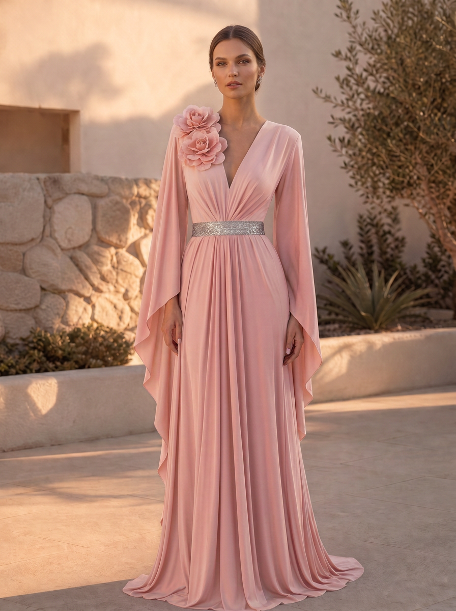 V-Neck Pleated Chiffon Evening Gown with Bell Sleeves and Floral Applique