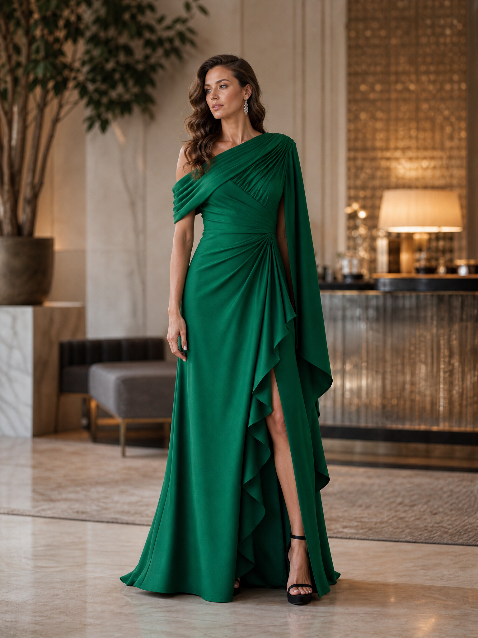 One-Shoulder Pleated Ruffle-Trim Evening Gown