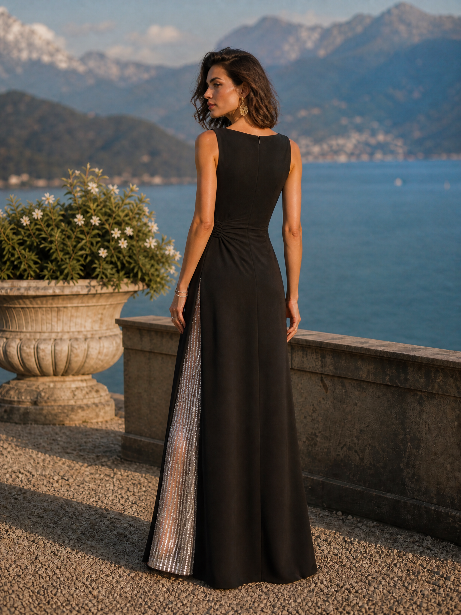 Sleeveless Sequin Panel Long Evening Gown