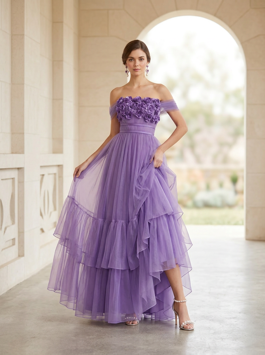 Floral Appliqué Off-the-Shoulder Tulle Gown
