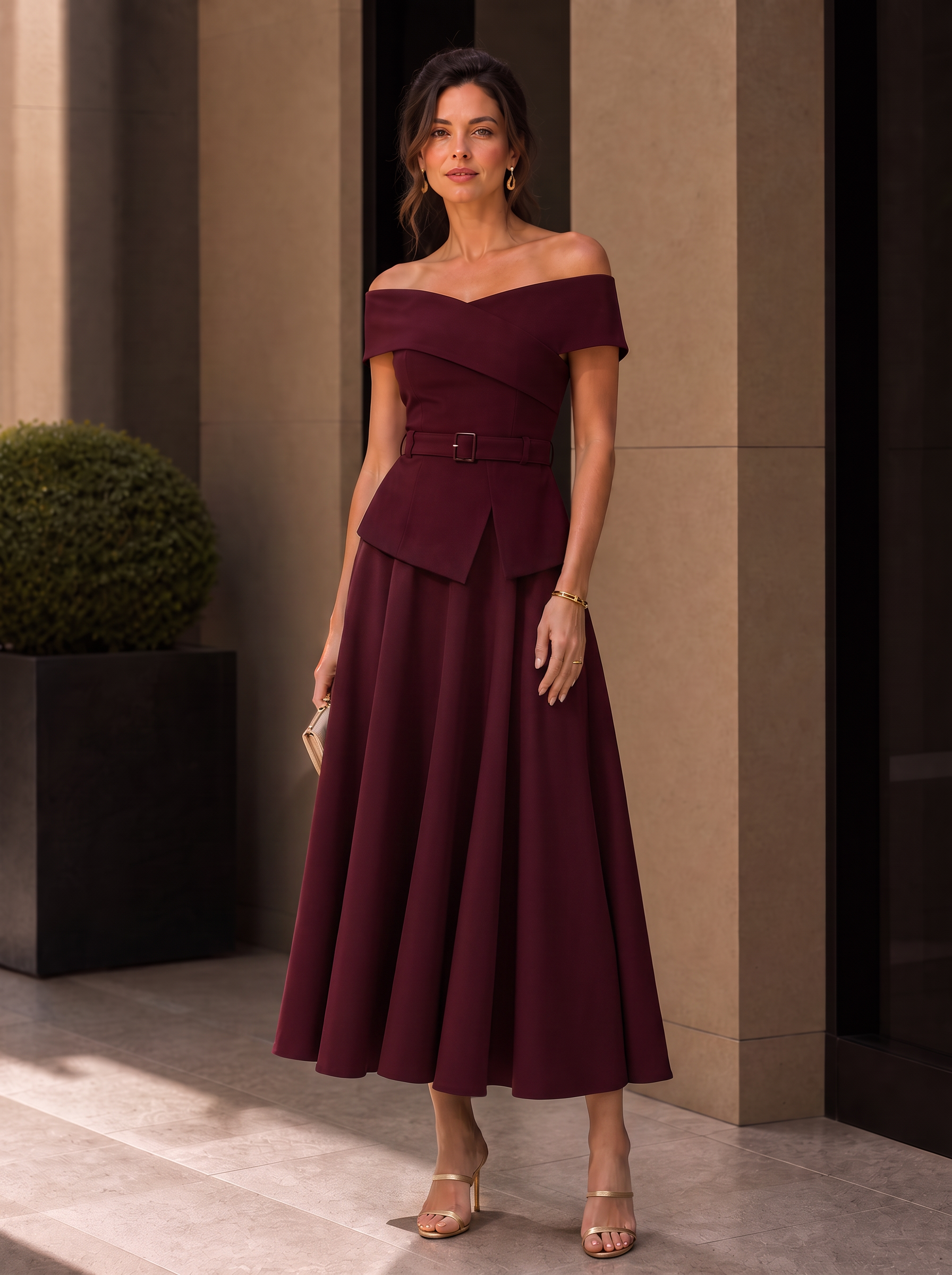 Off-Shoulder Satin Matching Peplum Top And Skirt Set