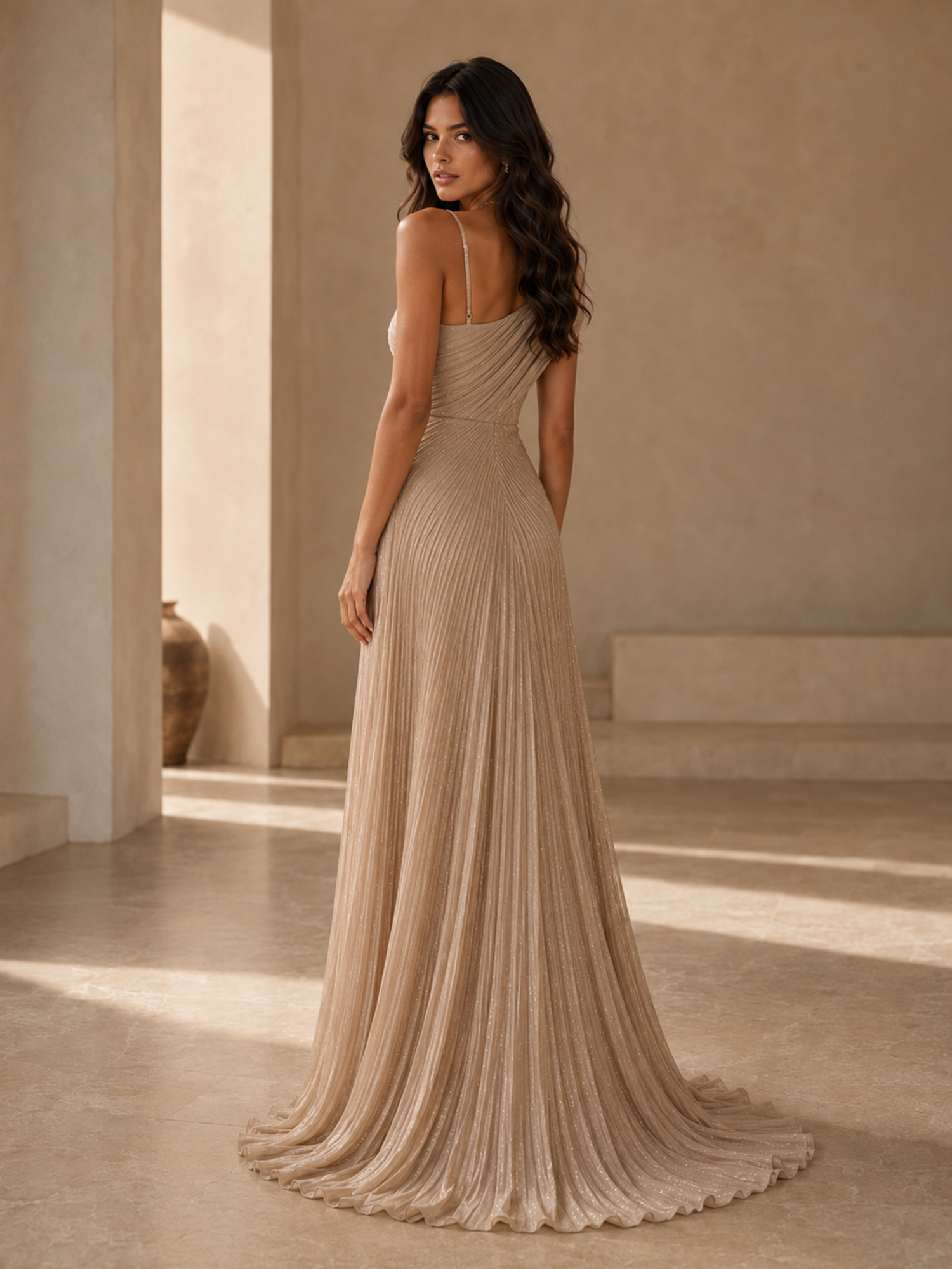 Elegant Pleated Chiffon One-Shoulder Gown with Floral Accent