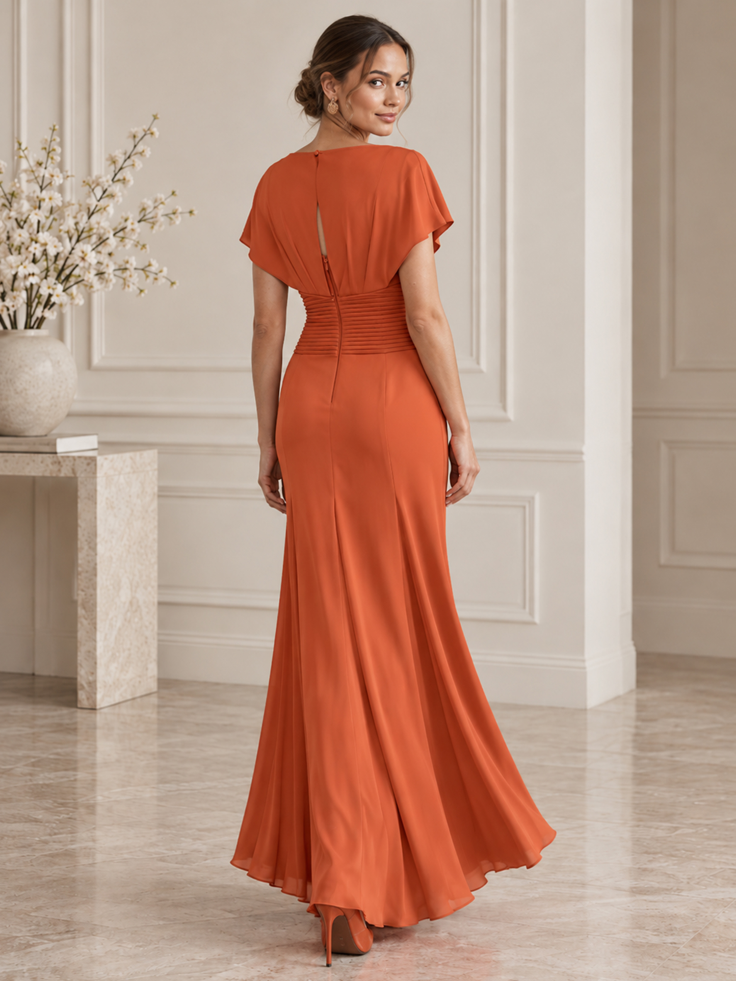 Draped Bodice Pleated Crepe Midi Dress